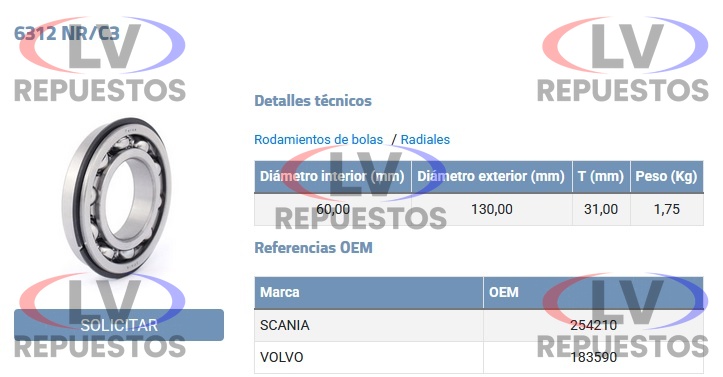 RULEMAN 6312 60X130X31 EJE REDUCTORA GR/GRS900/801 FERSA
