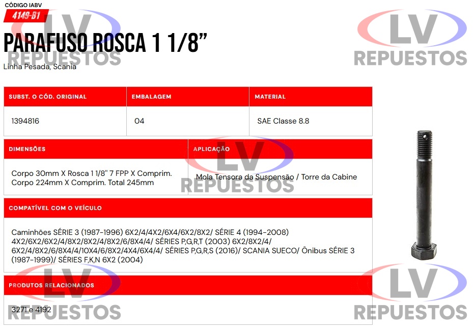 PERNO SUSPENCION NEUMATICA TR CORTO 30X224/245MM IABV