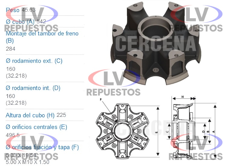MAZA ARTILLERO RI32218/RE32218 24.5/ ARO 22/ 17X4XM10/ 6 RAYOS CERCENA